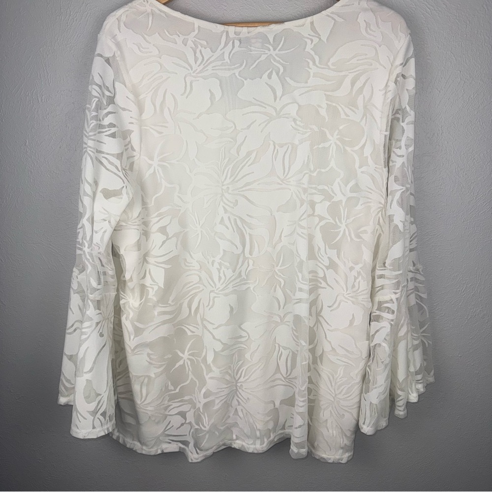 Alfani Women’s 3X Ivory Sheer Lace Floral Blouse Bell Sleeves V-Neck Coquette - Picture 2 of 10